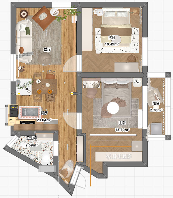 朱明琪｜瑞金新村23-504-1902-69㎡-现代简约风格｜2室1厅1卫｜老房翻新｜定制家｜全包12万｜00_04平面彩图
